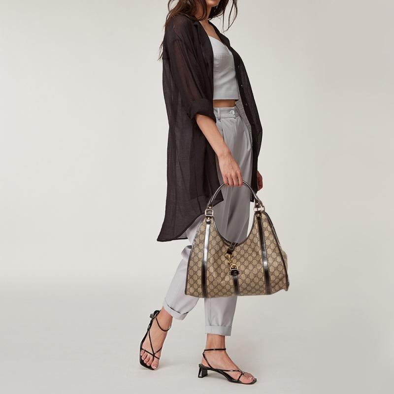 Gray Gucci Dark Brown/Beige GG Supreme Canvas and Leather Medium Joy Shoulder Bag