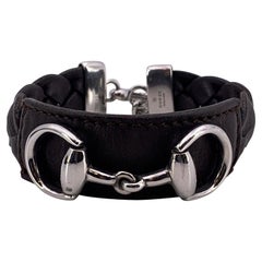 Gucci Dark Brown Braided Leather Steel Horsebit Bracelet
