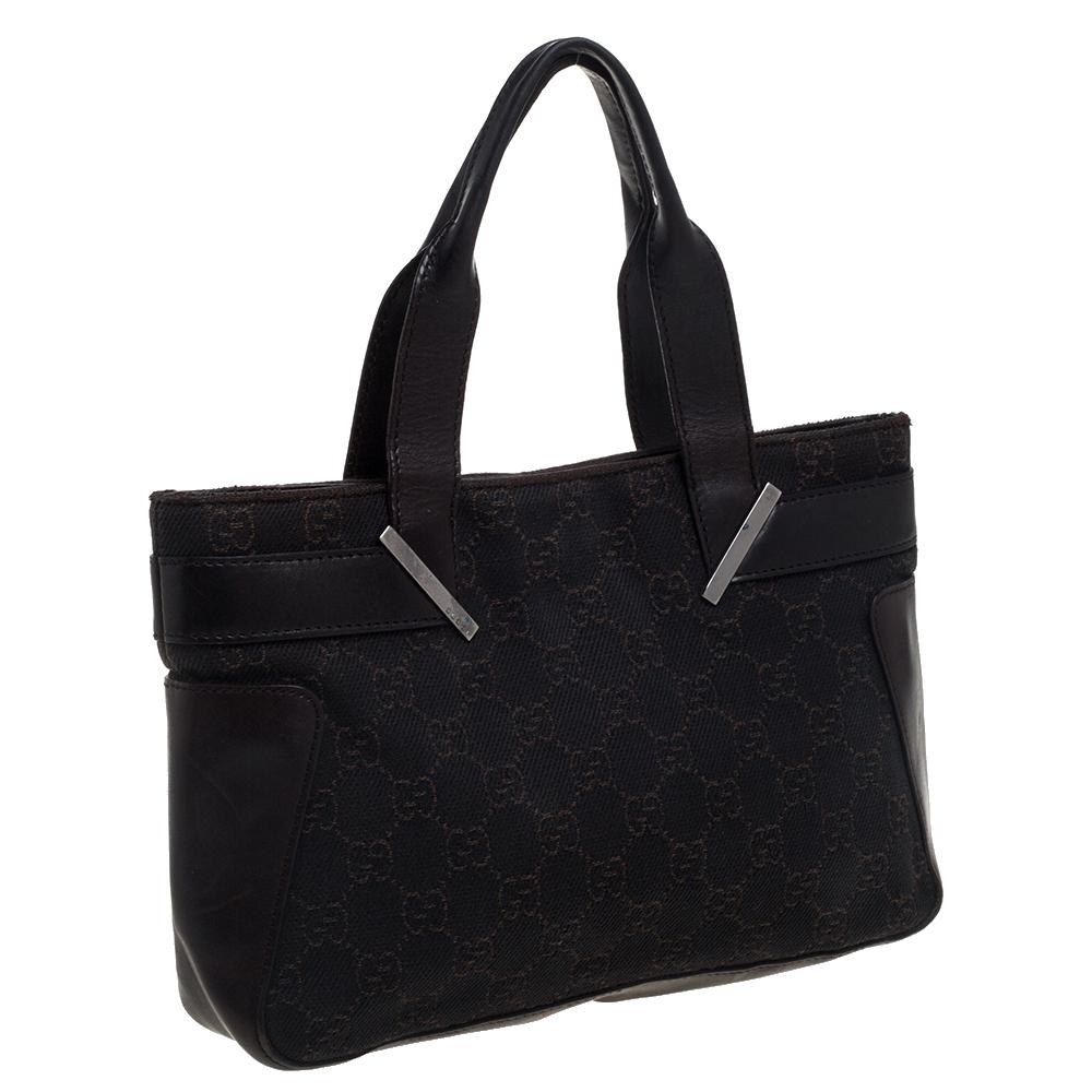 Black Gucci Dark Brown GG Canvas and Leather Vintage Small Tote