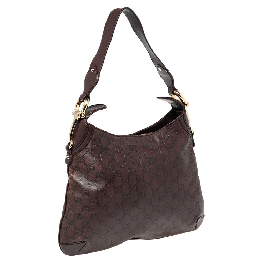 Gucci Dark Brown GG Leather Horsebit Creole Hobo In Good Condition In Dubai, Al Qouz 2