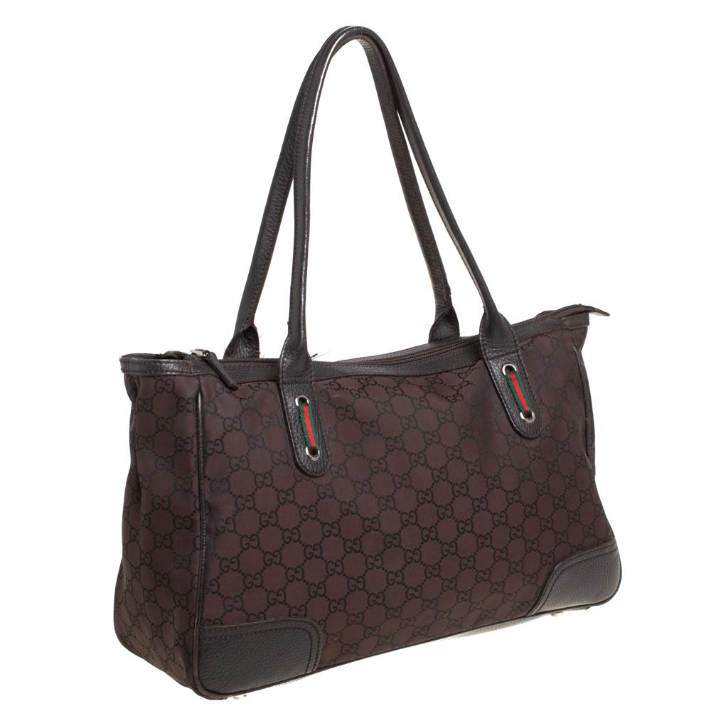 Black Gucci Dark Brown GG Nylon and Leather Princy Tote