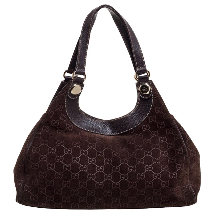 Gucci Dark Brown GG Suede and Leather Medium Charmy Tote