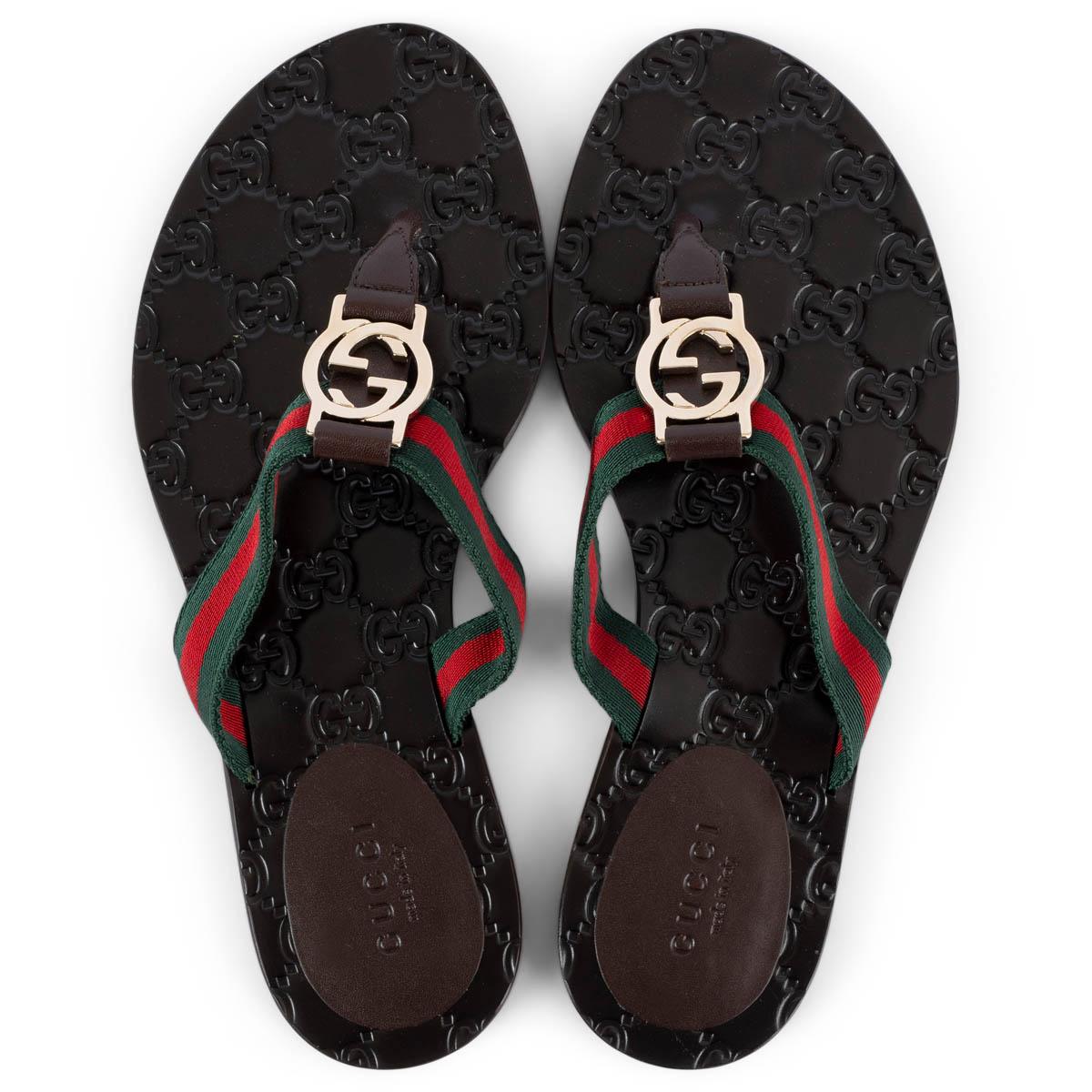 Women's GUCCI dark brown GG WEB THONG Sandals Shoes 36 For Sale