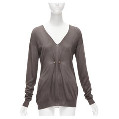 GUCCI dark brown gold minimal stud piercing sheer V neck top IT44 L