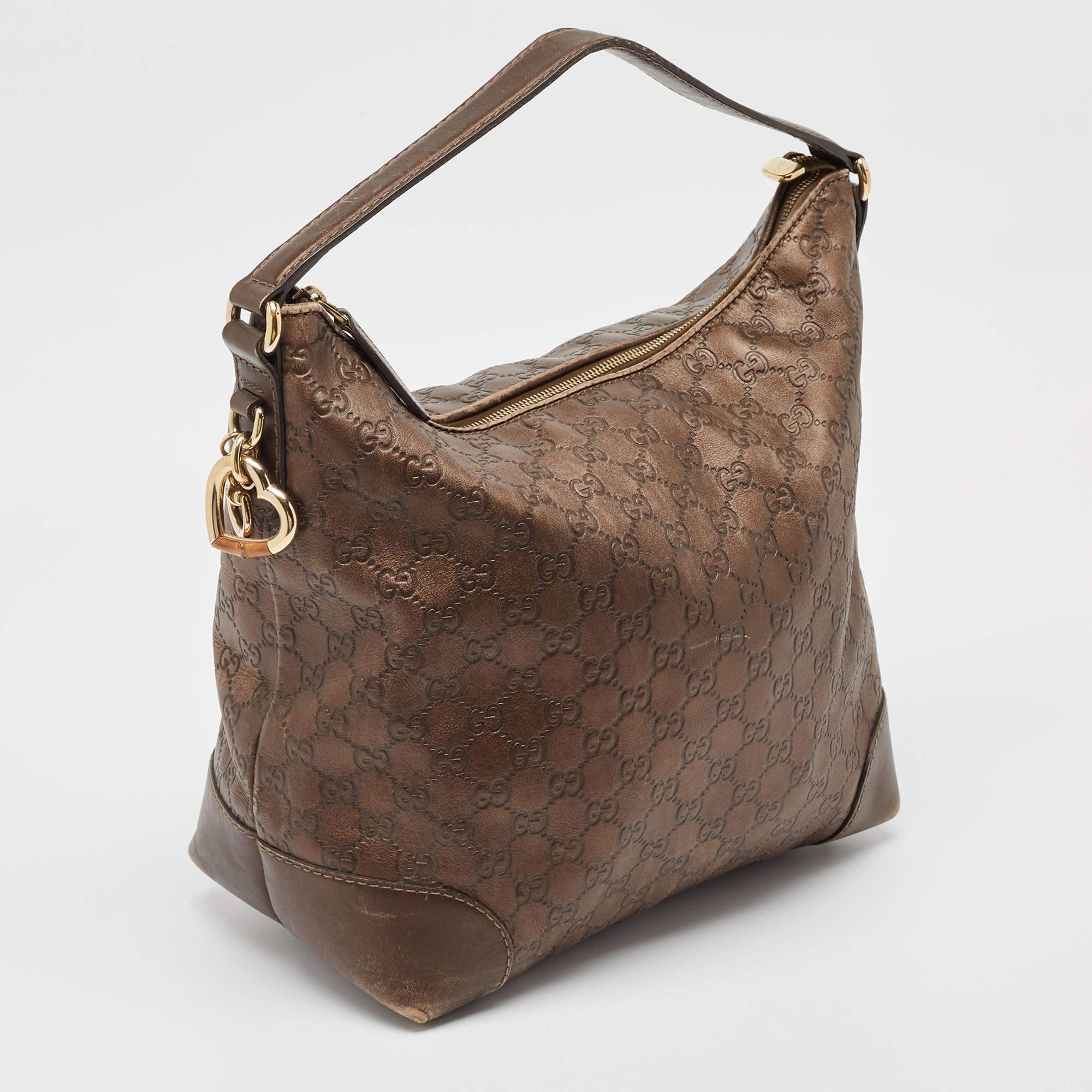 Gucci Dark Brown Guccissima Leather Heart Bit Charm Hobo In Fair Condition In Dubai, Al Qouz 2