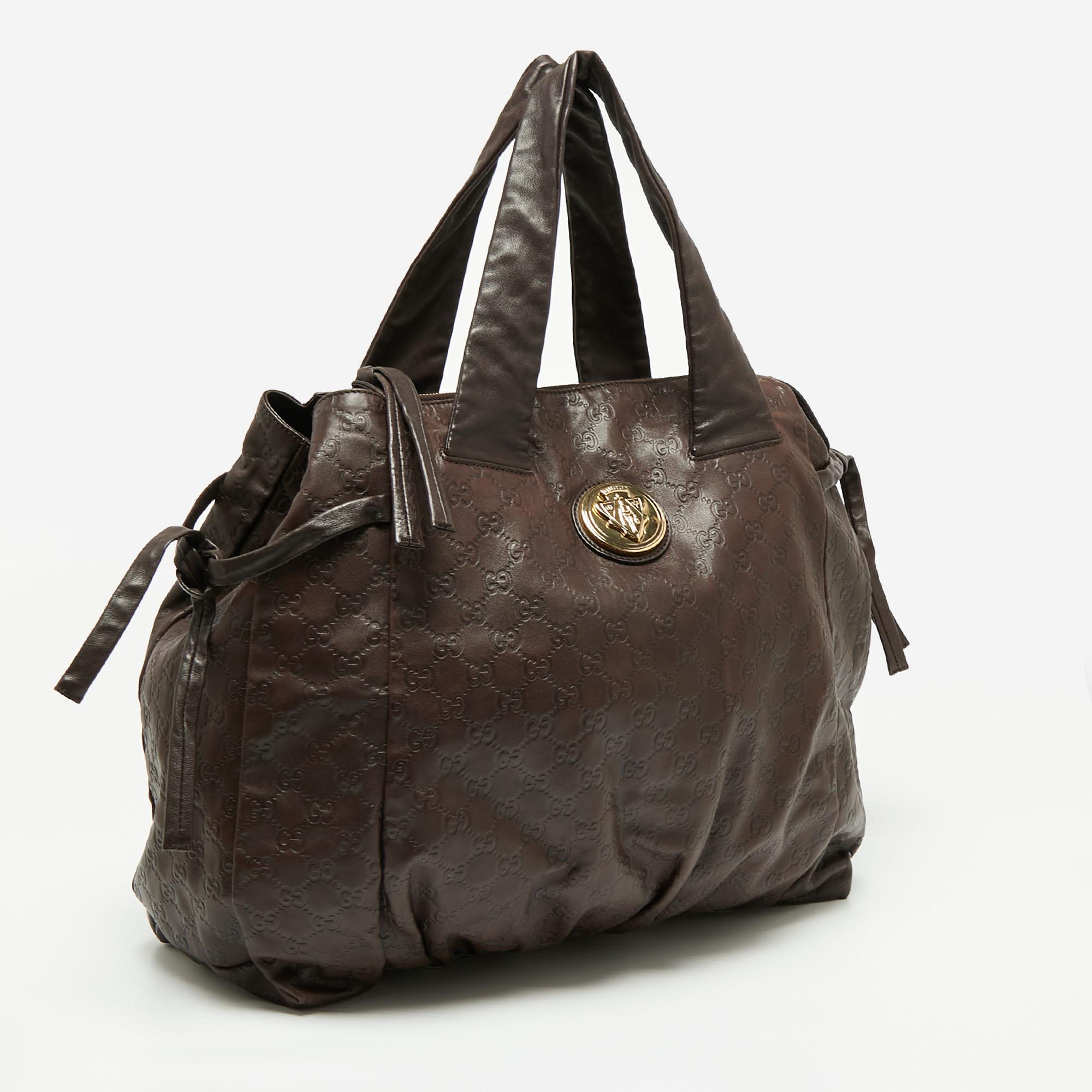 Gucci Dark Brown Guccissima Leather Large Hysteria Tote In Good Condition In Dubai, Al Qouz 2