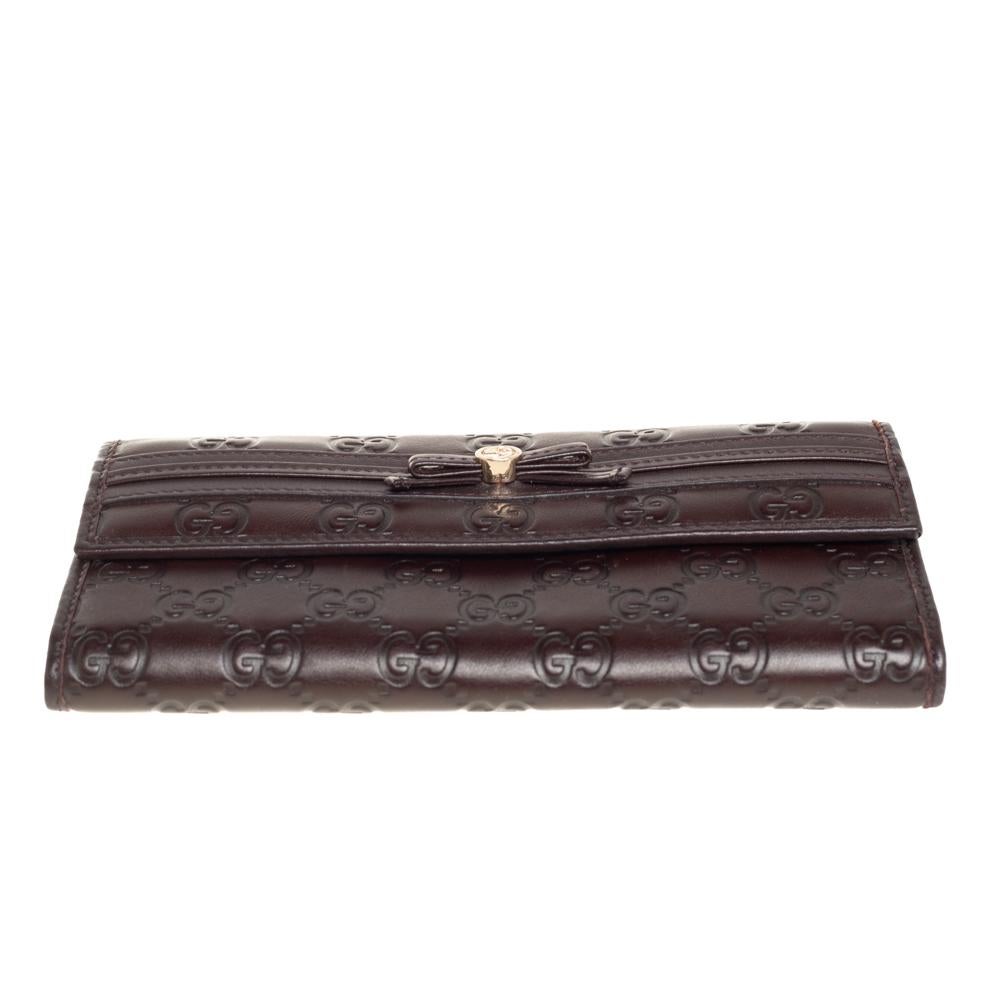 Gucci Dark Brown Guccissima Leather Mayfair Bow Continental Flap Wallet In Good Condition In Dubai, Al Qouz 2