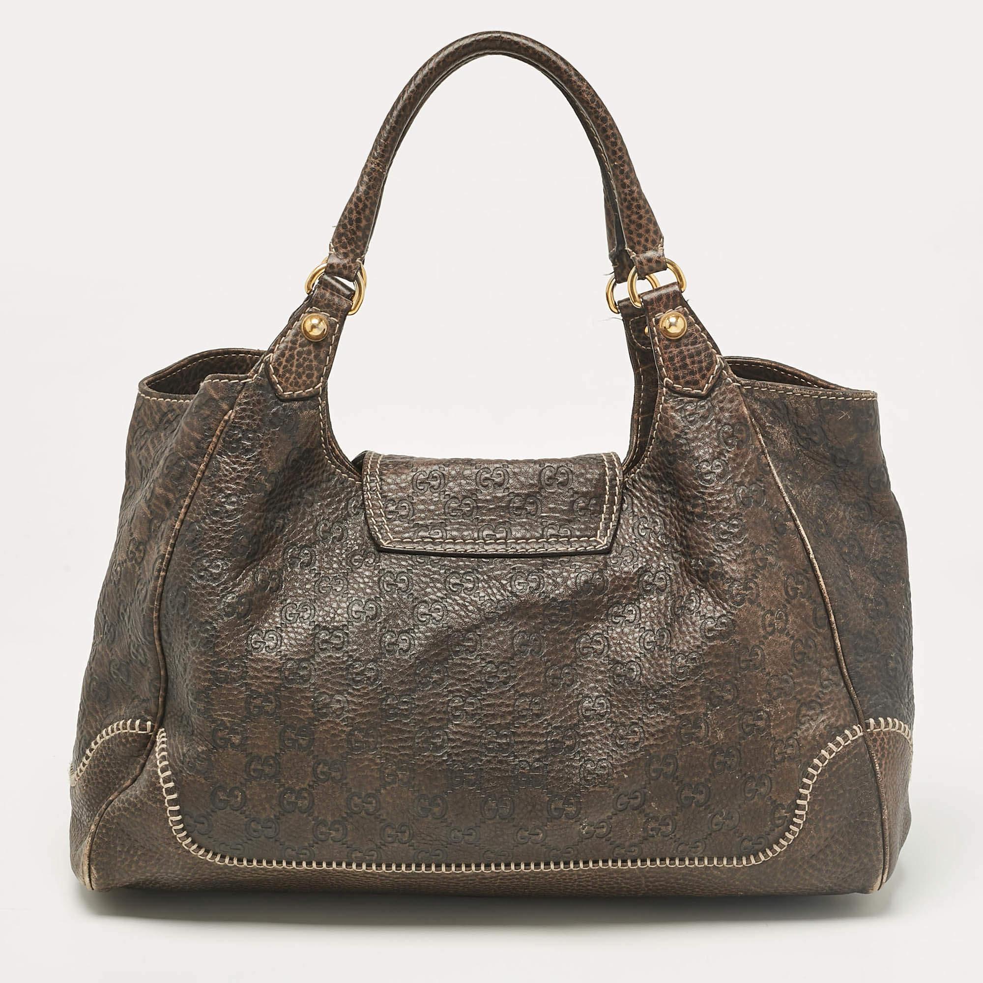 Gucci Dark Brown Guccissima Leather New Pelham Large Shoulder Bag In Fair Condition In Dubai, Al Qouz 2