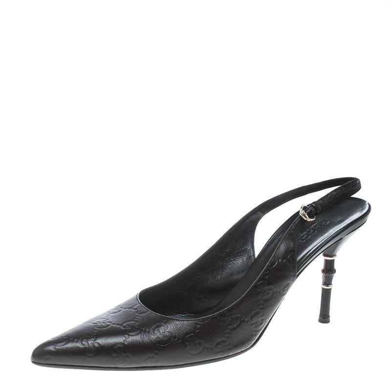 Gucci Dark Brown Guccissima Leather Pointed Toe Slingback Bamboo Heel Sandals Si