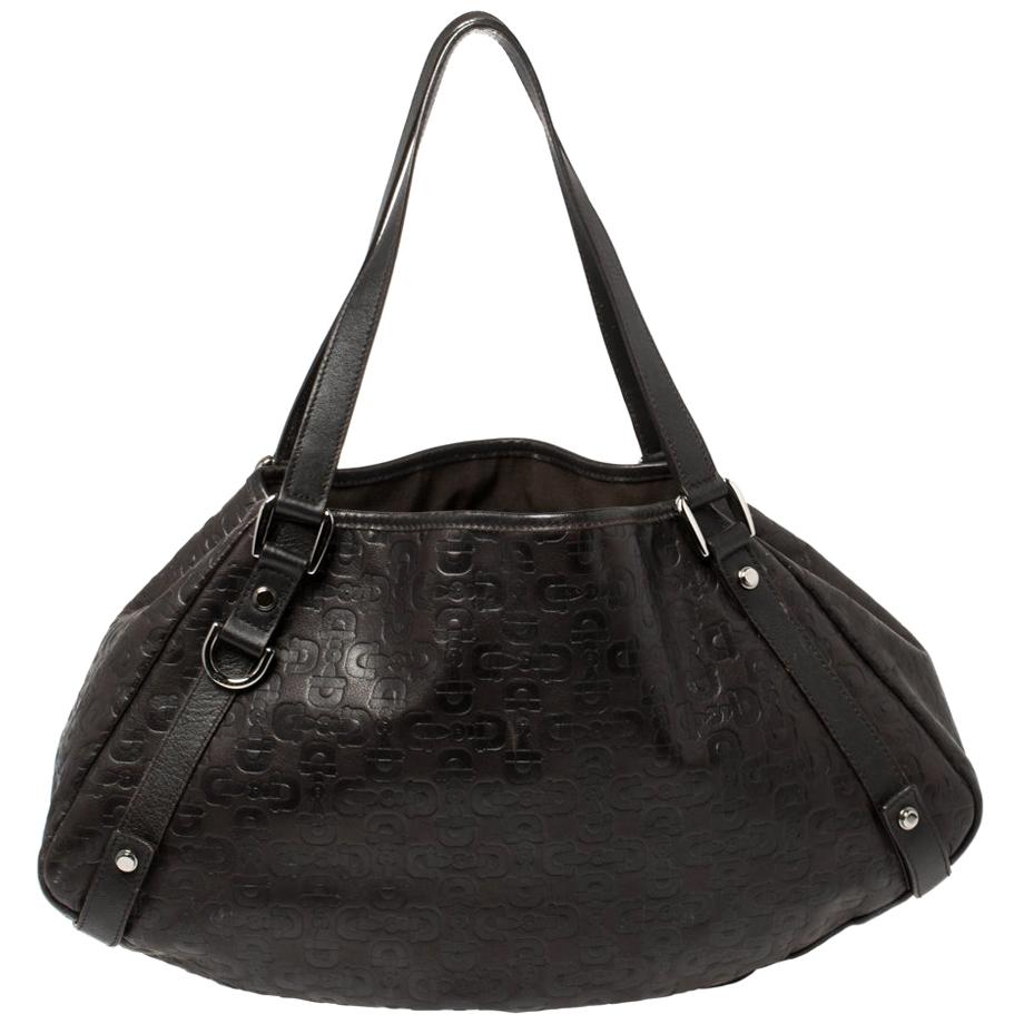 Gucci Dark Brown Horsebit Embossed Leather Medium Abbey Shoulder Bag
