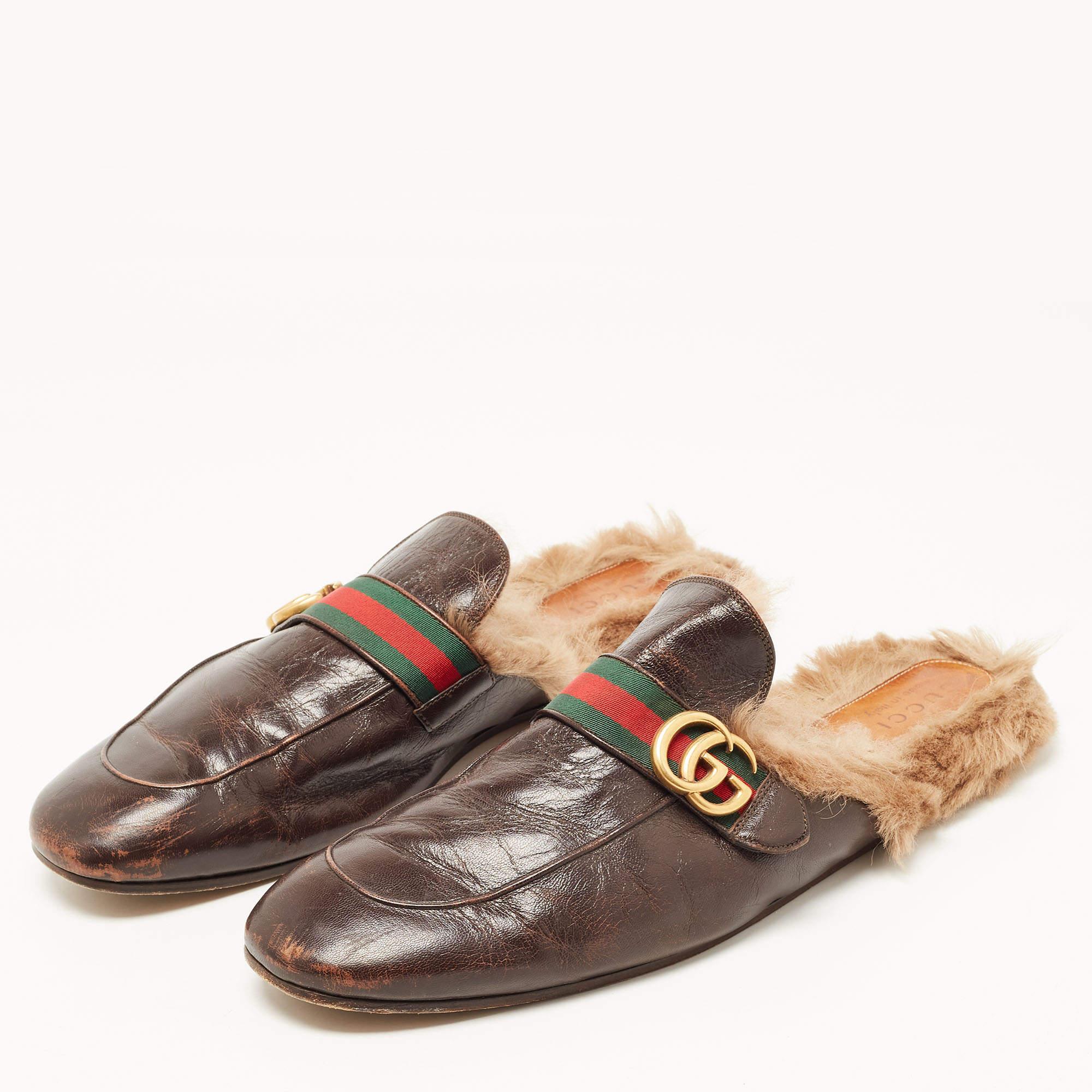 Women's Gucci Dark Brown Leather and Fur Princetown Mules Size 48