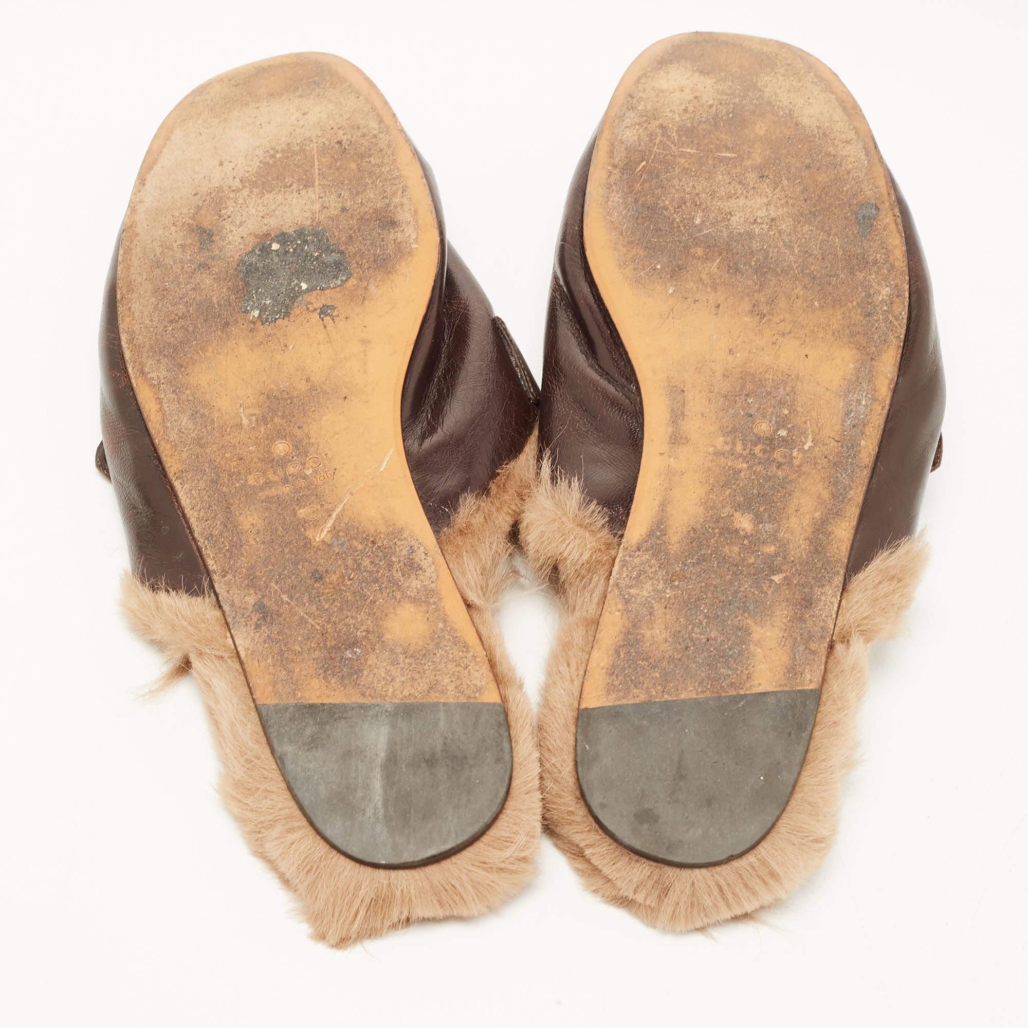 Gucci Dark Brown Leather and Fur Princetown Mules Size 48 2