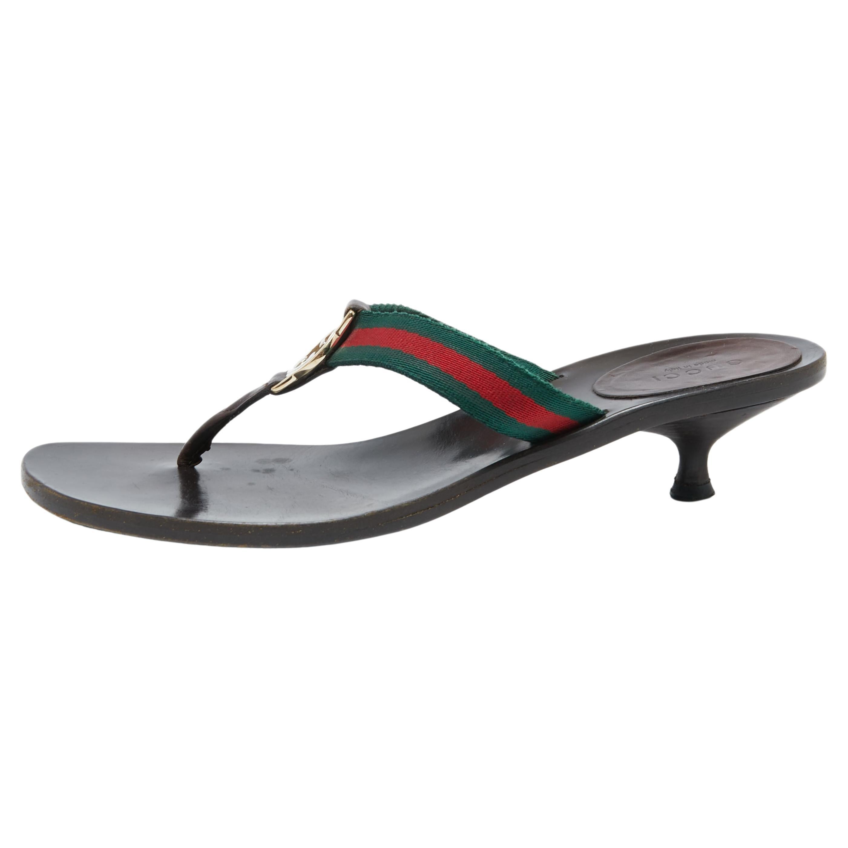 Gucci Dark Brown Leather and Web Interlocking G Thong Slide Sandals Size 39