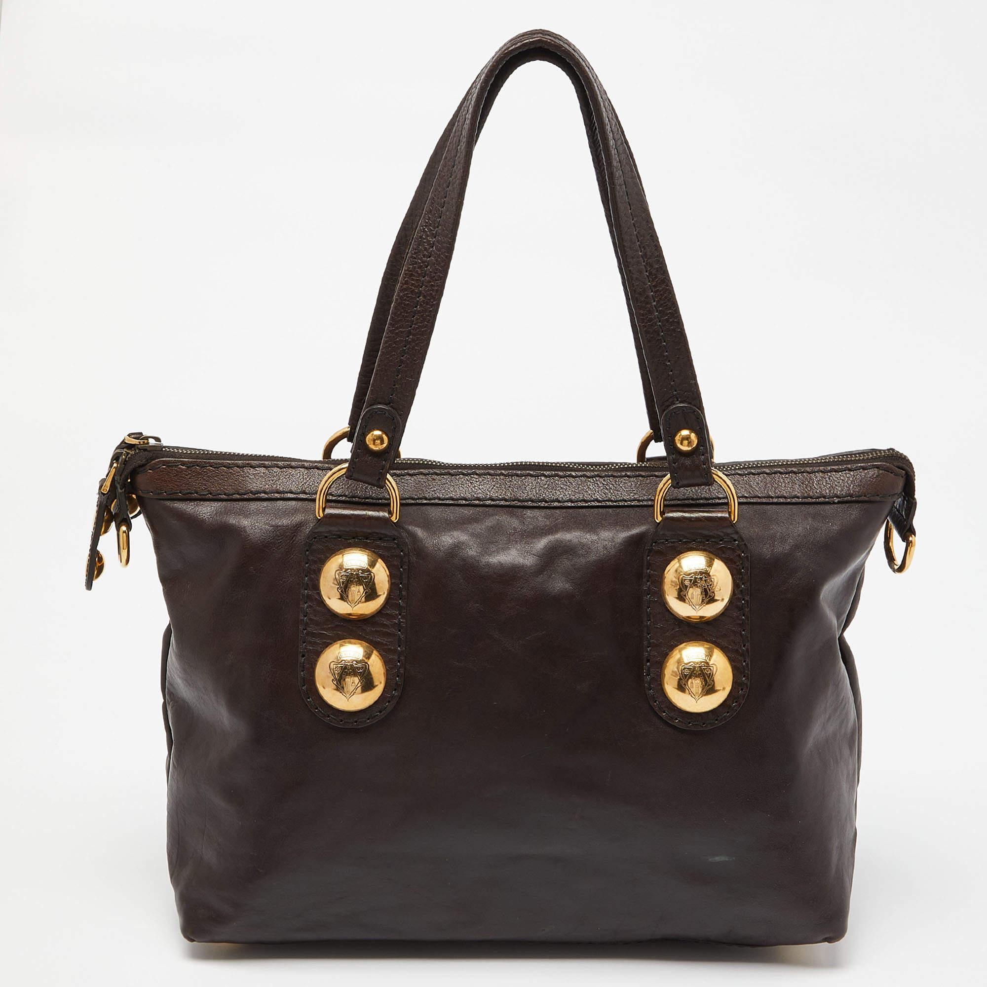 Gucci Dark Brown Leather Babouska Tote In Fair Condition In Dubai, Al Qouz 2