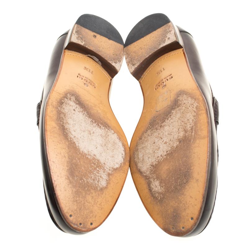 Gucci Dark Brown Leather Bamboo Web Loafers Size 45.5 In Good Condition In Dubai, Al Qouz 2