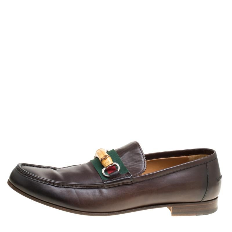 Gucci Dark Brown Leather Bamboo Web Loafers Size 45.5 2