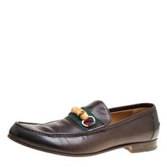 Gucci Dark Brown Leather Bamboo Web Loafers Size 45.5