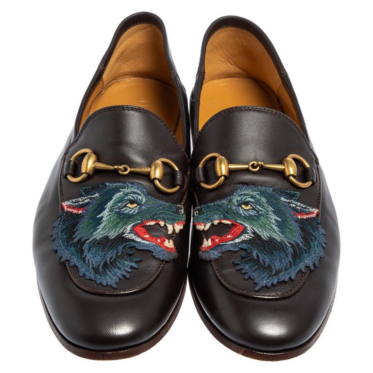 Gucci Dark Brown Leather Brixton Wolf Applique Horsebit Loafers Size 40 at  1stDibs | gucci wolf loafers