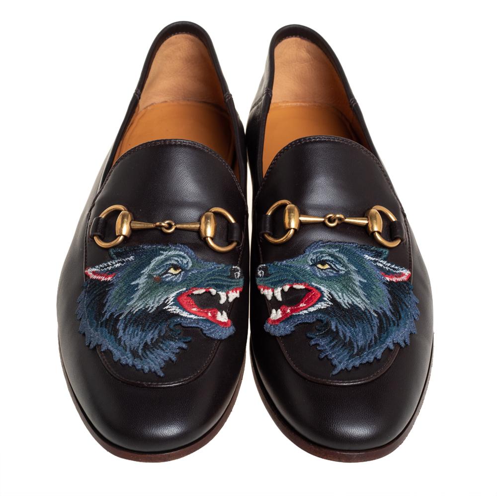 Gucci Dark Brown Leather Brixton Wolf Applique Horsebit Slip On