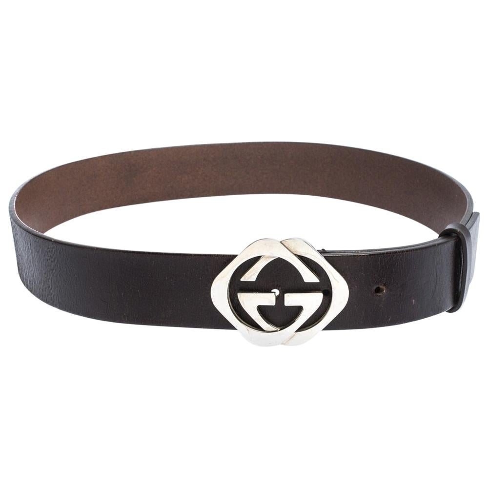 Gucci Dark Brown Leather Double Square G Buckle Belt 90CM