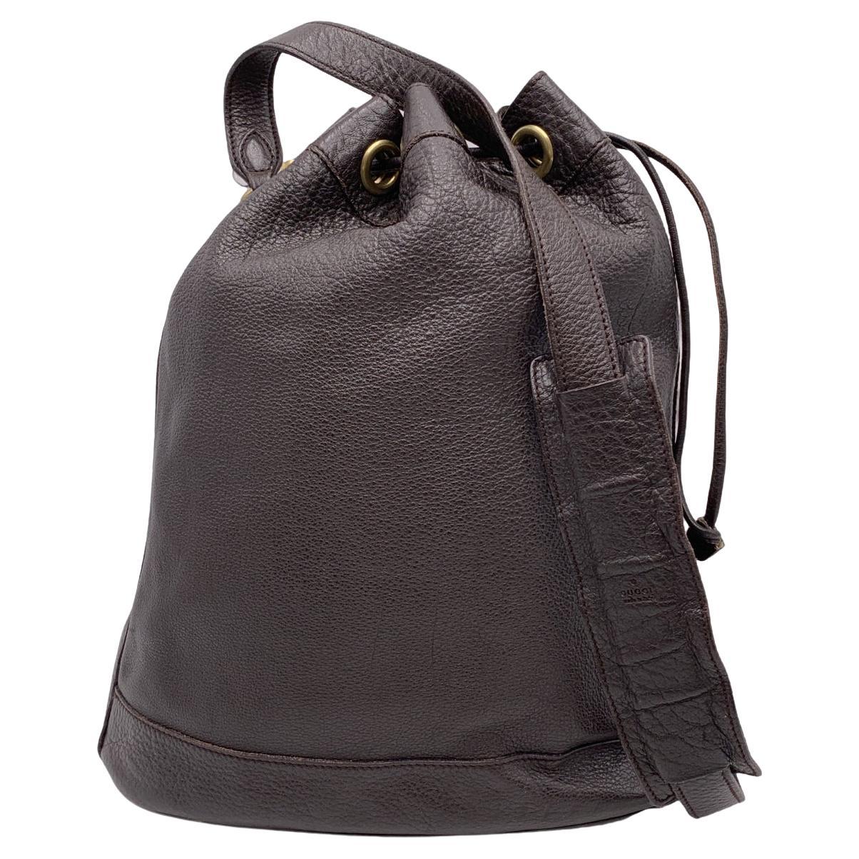 Gucci Dark Brown Leather Drawstring Bucket Shoulder Bag For Sale