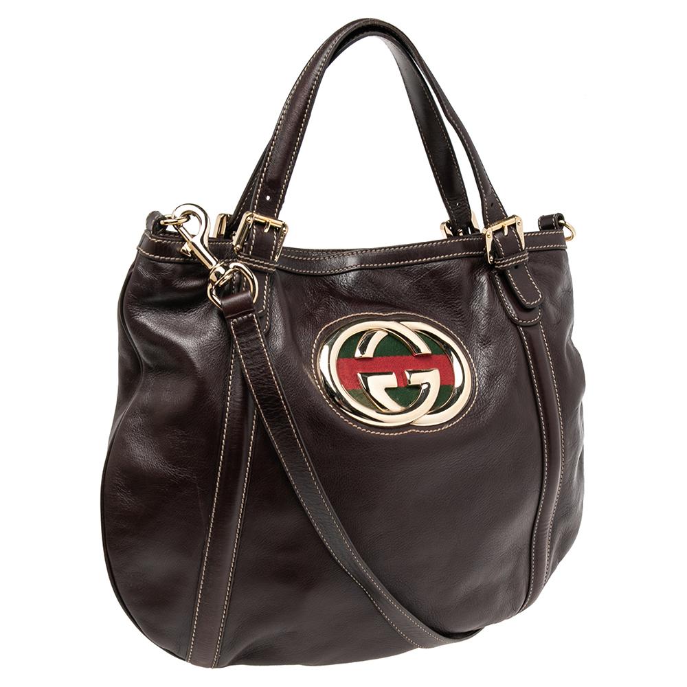 Gucci Dark Brown Leather GG Britt Tote In Good Condition In Dubai, Al Qouz 2