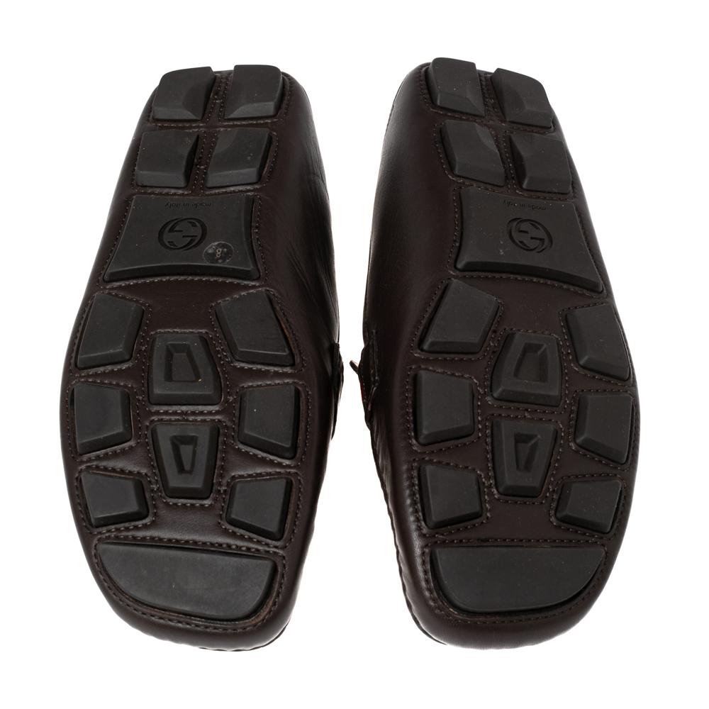 Gucci Dark Brown Leather GG Marmont Web Driver Loafers Size 42 In Excellent Condition In Dubai, Al Qouz 2