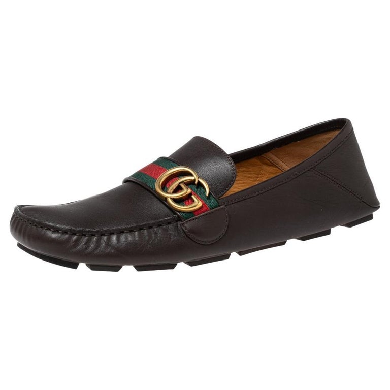 Gucci Dark Brown Leather GG Marmont Web Driver Loafers Size 42 at 1stDibs