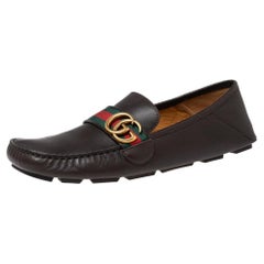 Gucci Dark Brown Leather GG Marmont Web Driver Loafers Size 42