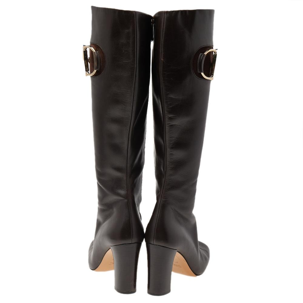 Women's Gucci Dark Brown Leather Horsebit Knee Length Boots Size 37.5