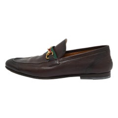 Gucci Dark Brown Leather Horsebit Web Slip On Loafers Size 41