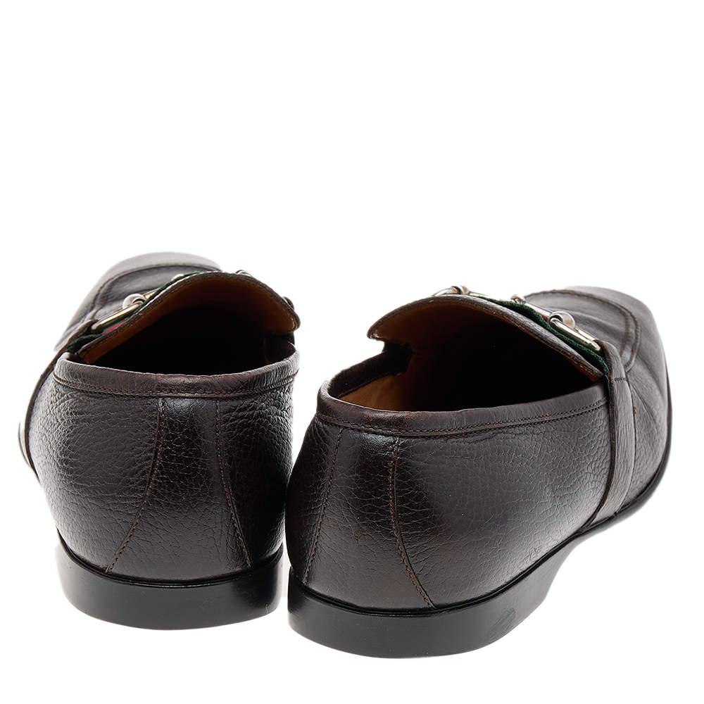 Noir Gucci Dark Brown Leather Horsebit Web Slip On Loafers Size 41.5 en vente