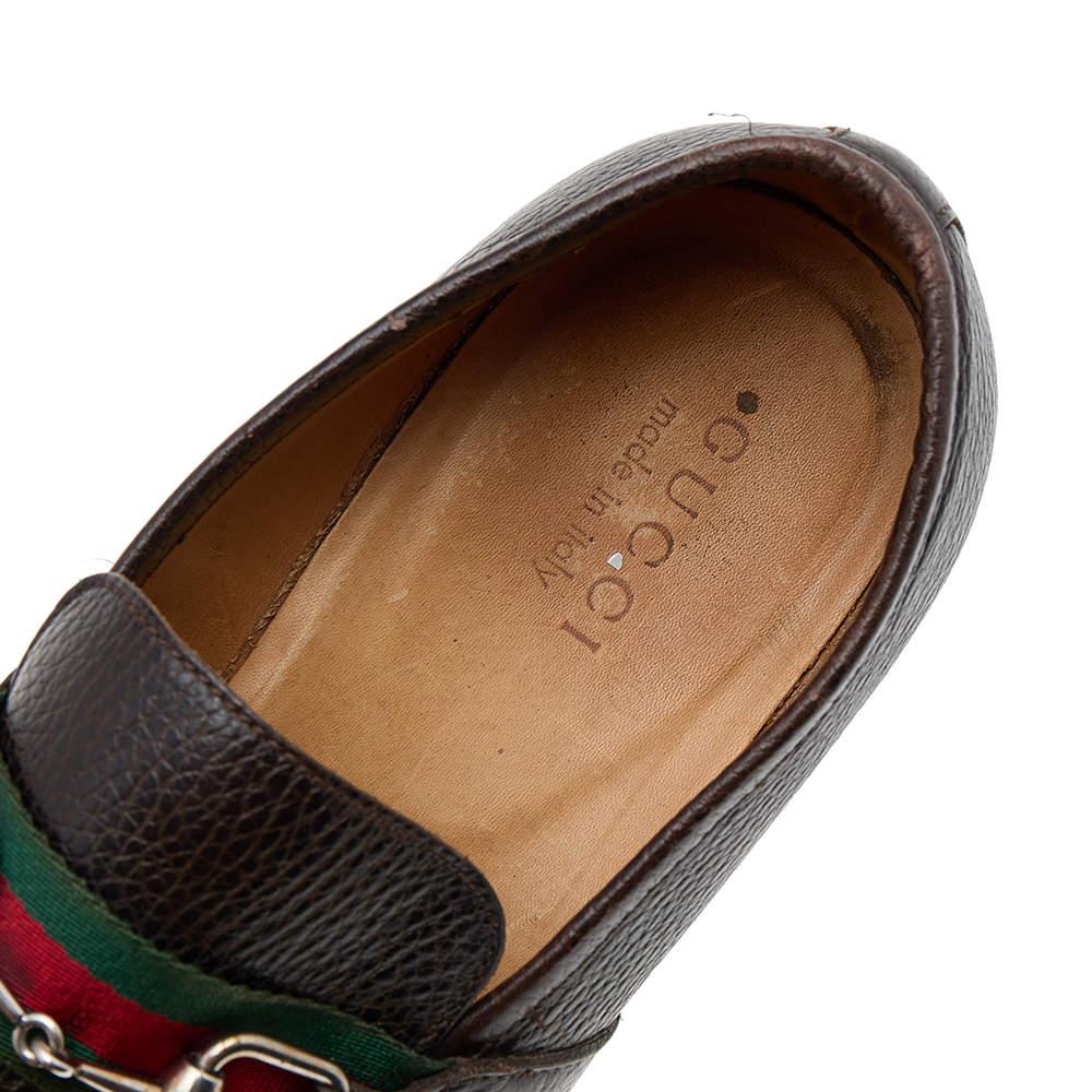 Gucci Dark Brown Leather Horsebit Web Slip On Loafers Size 41.5 For Sale 1