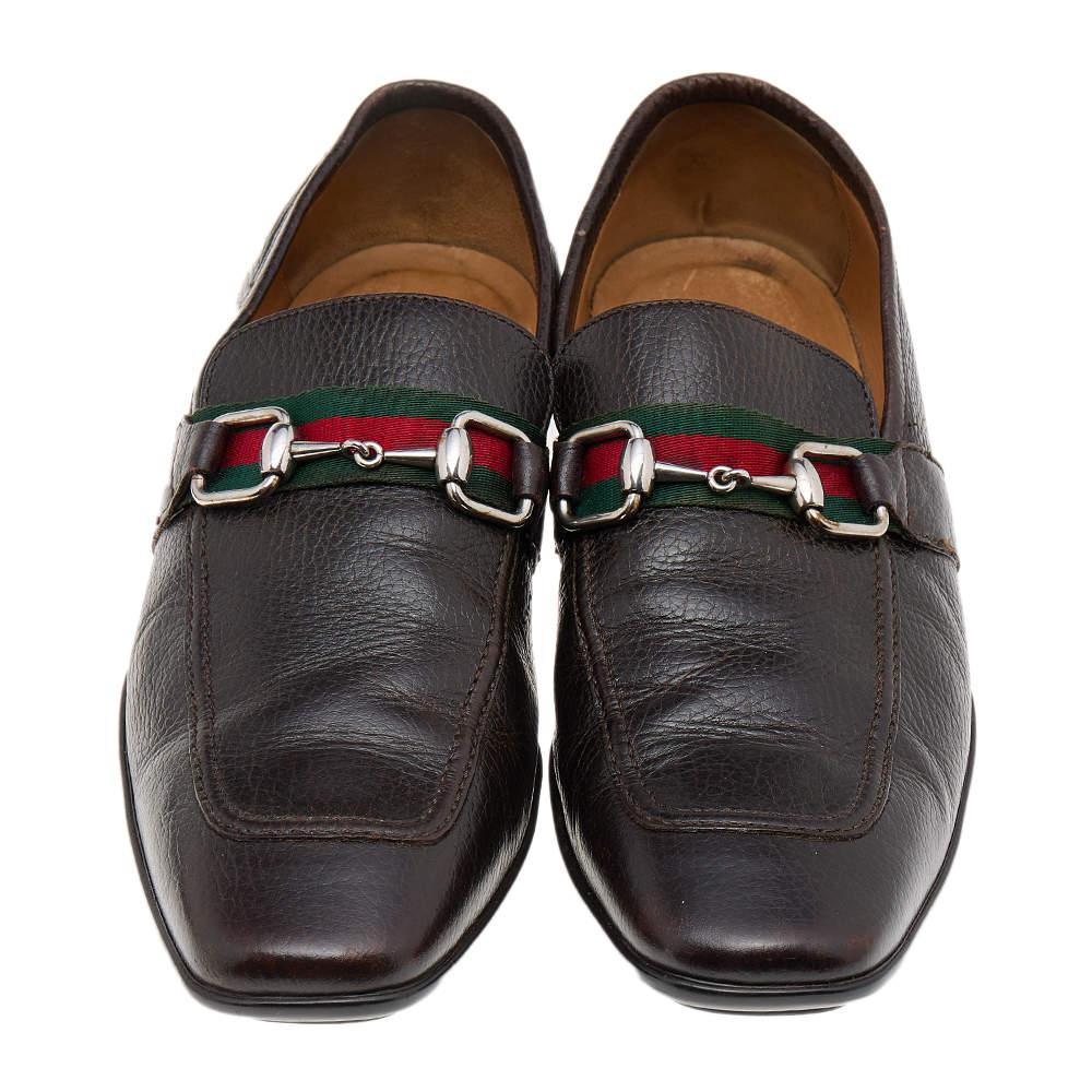 Gucci Dark Brown Leather Horsebit Web Slip On Loafers Size 41.5 en vente 2