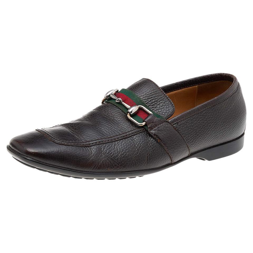 Gucci Dark Brown Leather Horsebit Web Slip On Loafers Size 41.5 For Sale