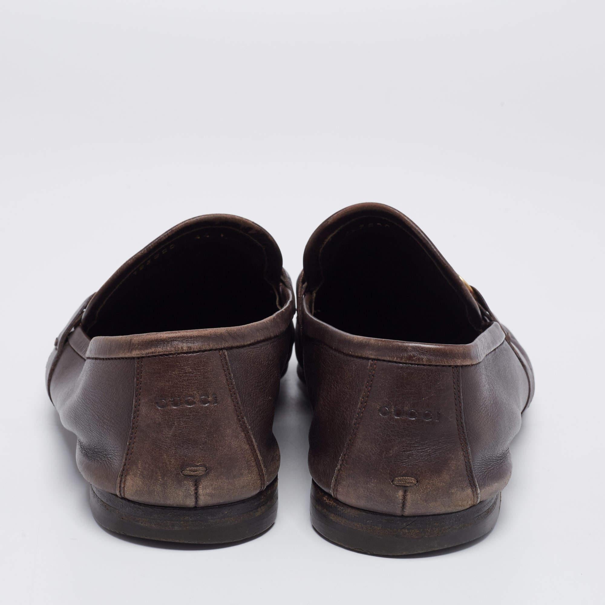 Black Gucci Dark Brown Leather Jordaan Horsebit Slip On Loafers Size 44 For Sale