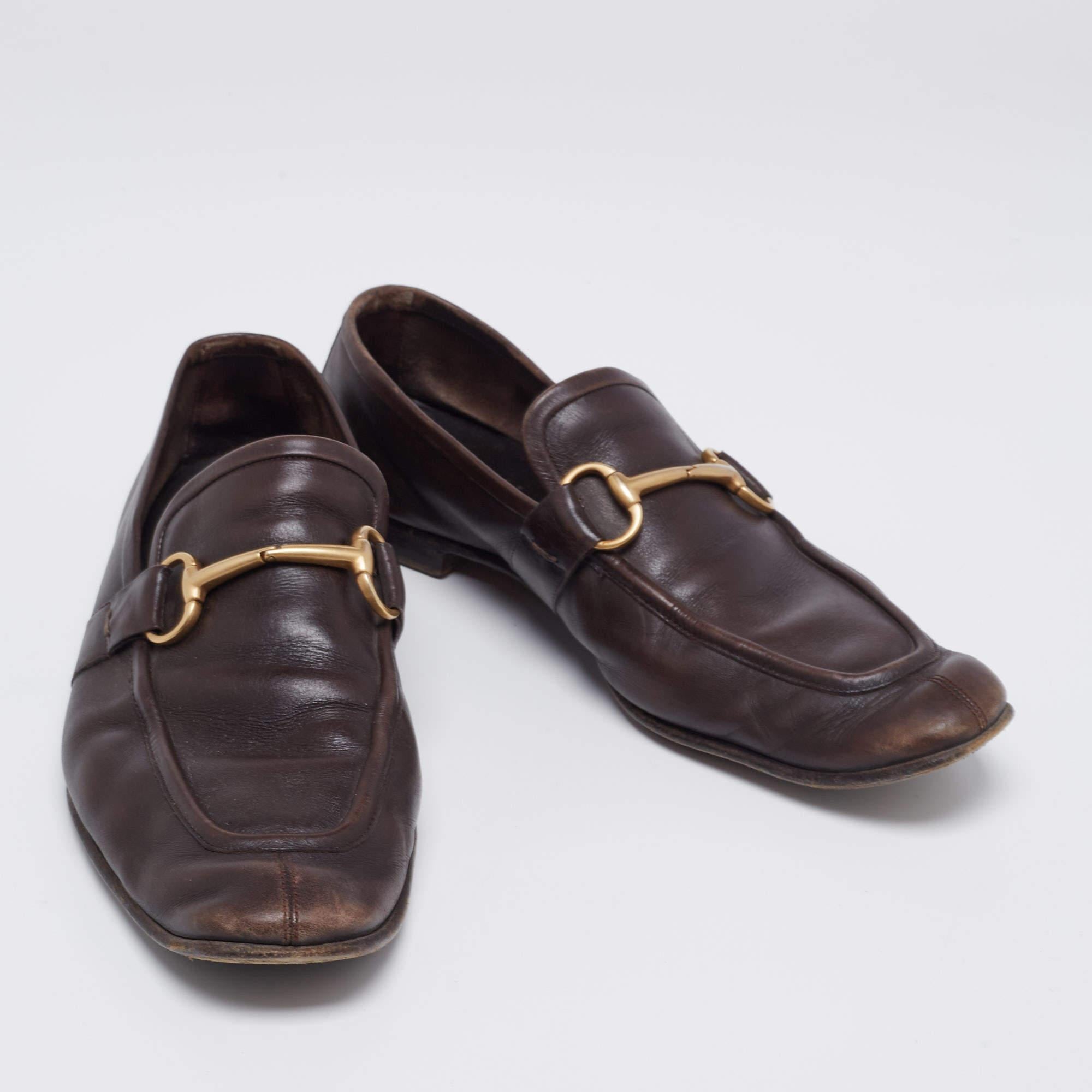 Men's Gucci Dark Brown Leather Jordaan Horsebit Slip On Loafers Size 44 For Sale
