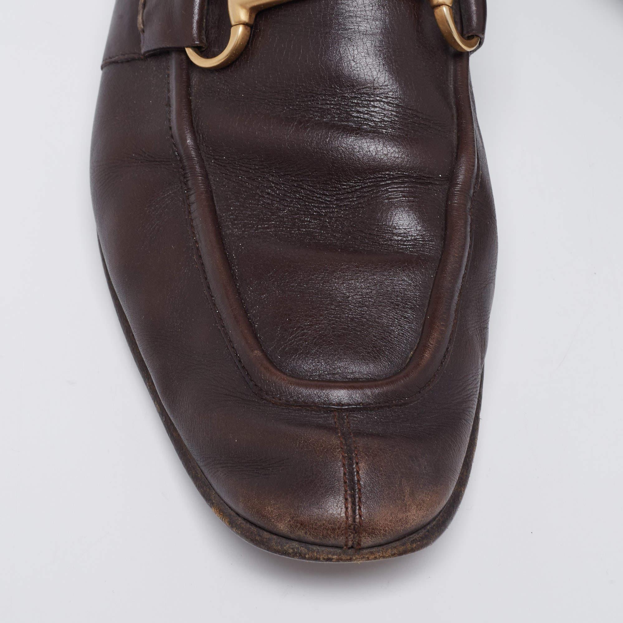 Gucci Dark Brown Leather Jordaan Horsebit Slip On Loafers Size 44 For Sale 2