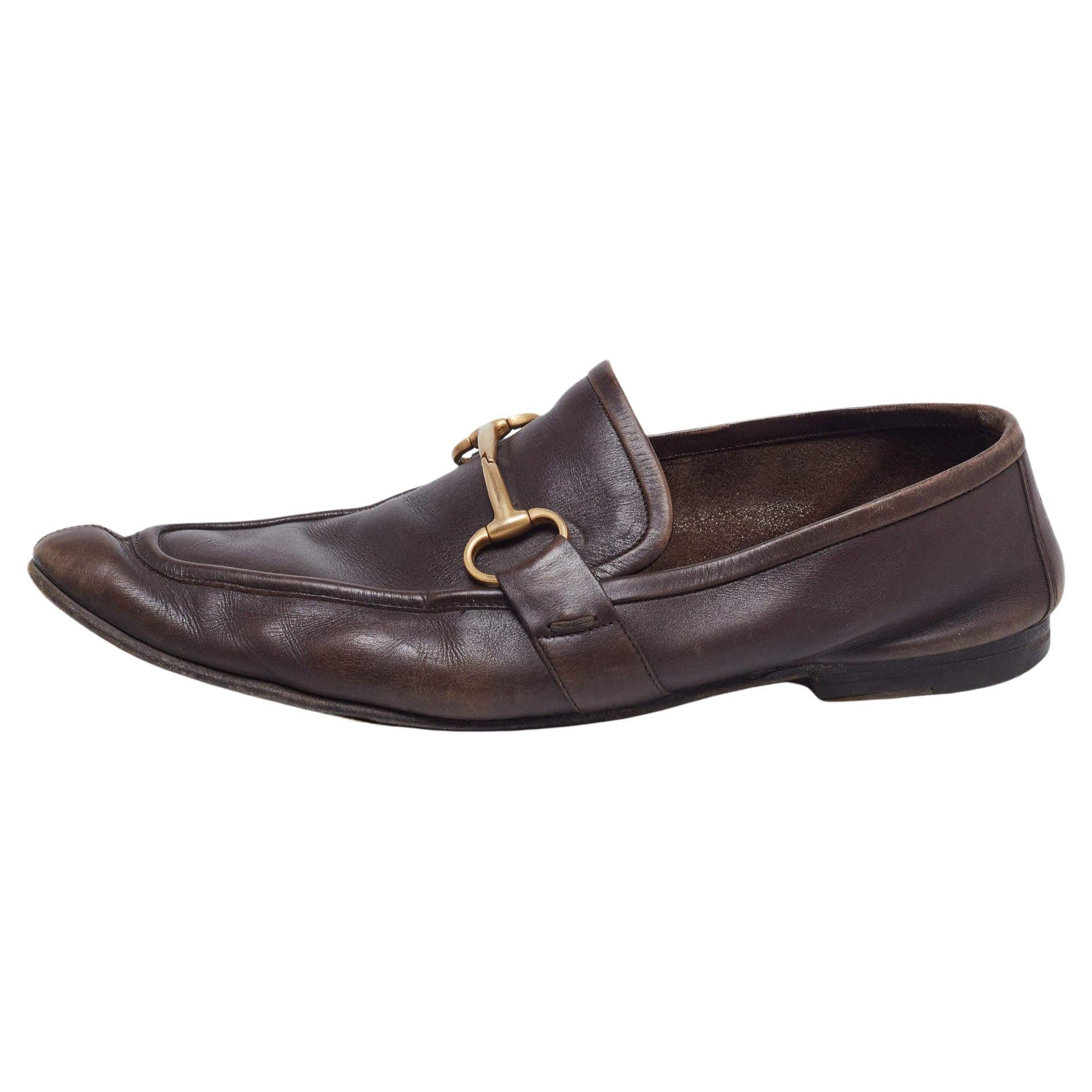 Gucci Dark Brown Leather Jordaan Horsebit Slip On Loafers Size 44 For Sale