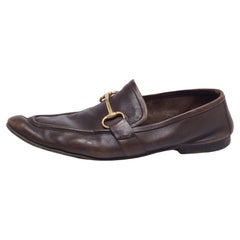 Used Gucci Dark Brown Leather Jordaan Horsebit Slip On Loafers Size 44