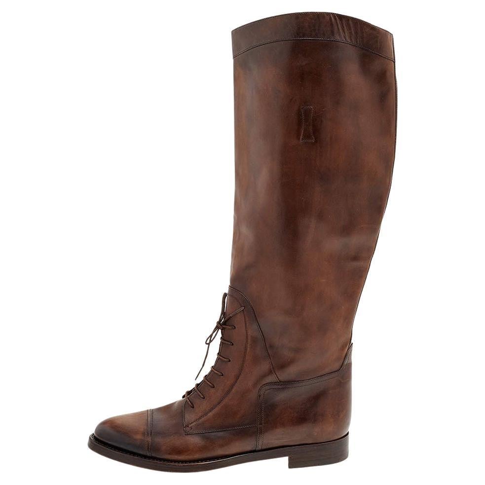Gucci Dark Brown Leather Knee Length Boots Size 42 For Sale