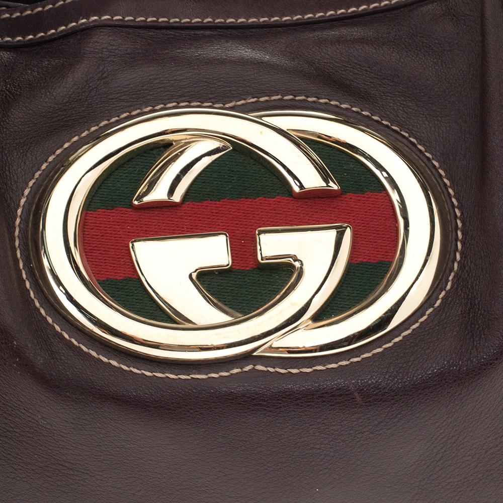 Gucci Dark Brown Leather Medium GG Britt Tote In Good Condition In Dubai, Al Qouz 2