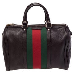 Gucci Dunkelbraun Leder Medium Vintage Web Boston Tasche