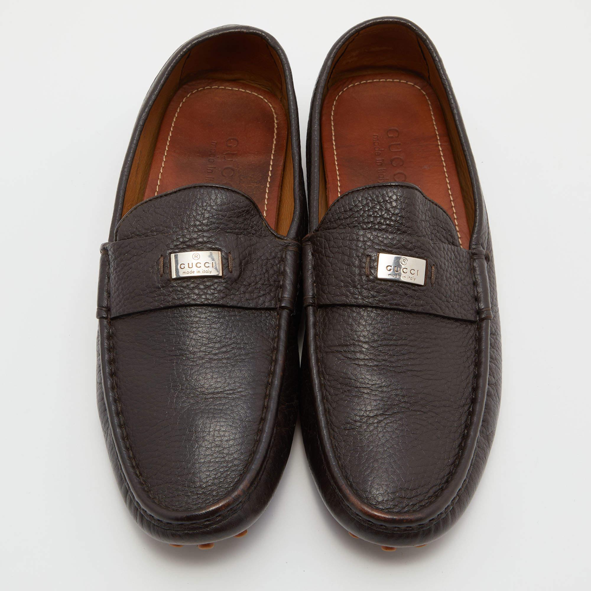 Black Gucci Dark Brown Leather Slip On Loafers Size 42.5 For Sale