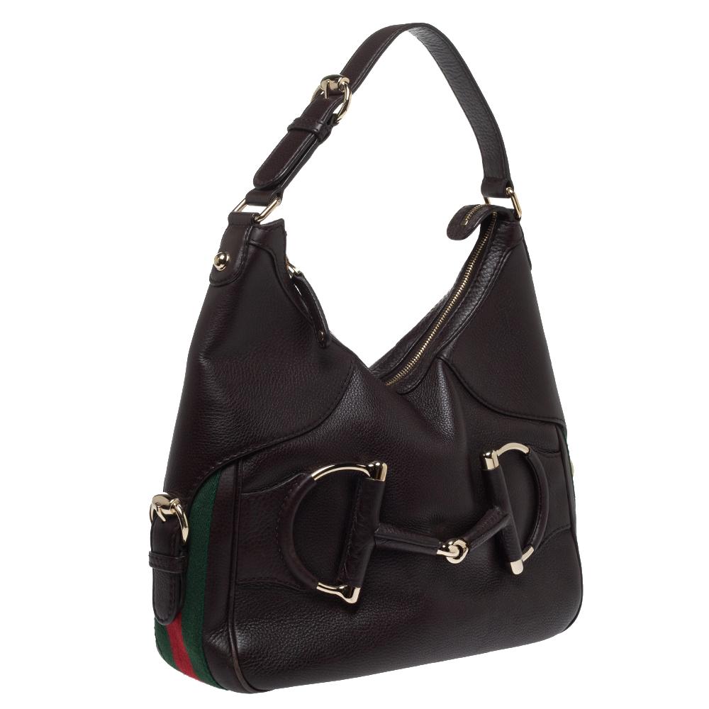 Black Gucci Dark Brown Leather Small Web Horsebit Heritage Hobo