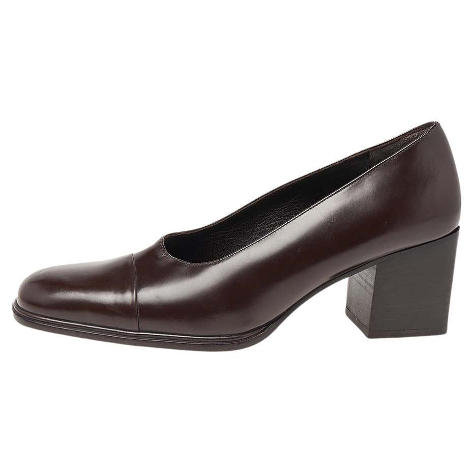 Gucci Dark Brown Leather Square Toe Block Heel Pumps Size 37.5 For Sale