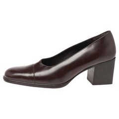 Gucci Dark Brown Leather Square Toe Block Heel Pumps Size 37.5