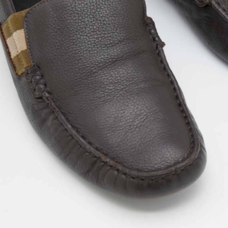 Men's Gucci Dark Brown Leather Web Detail Slip On Loafers Size 40 For Sale