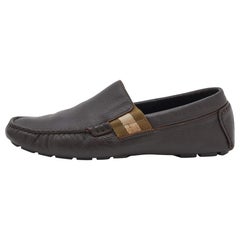 Gucci Dark Brown Leather Web Detail Slip On Loafers Size 40