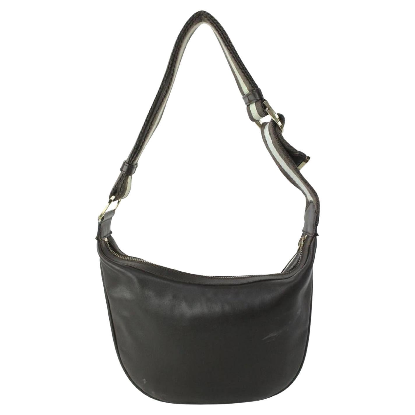 Gucci Dark Brown Leather Web Messenger Hobo Bag 1GG99 For Sale